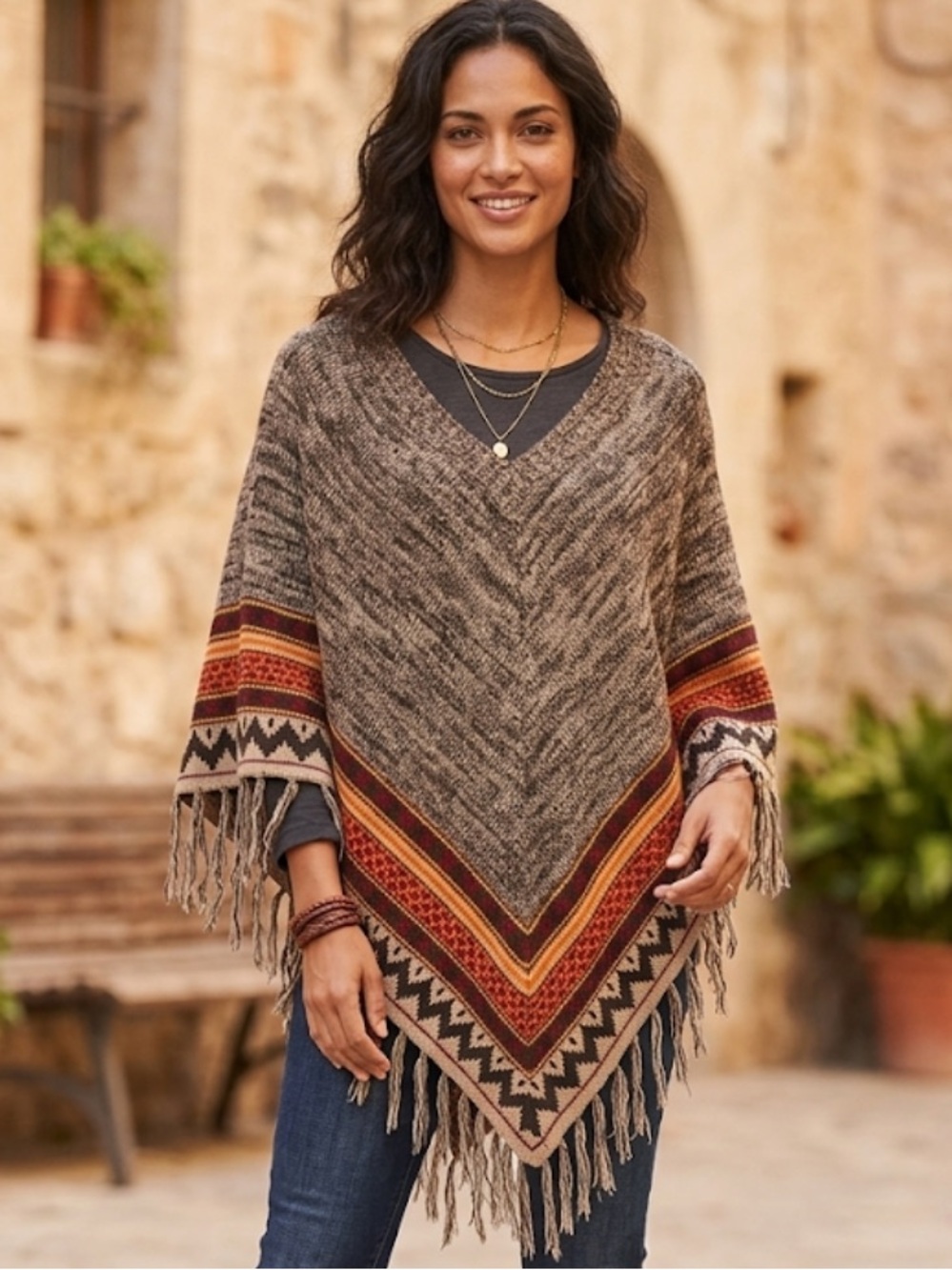 NY Collection Fringed Knit Poncho Aztec Stripe